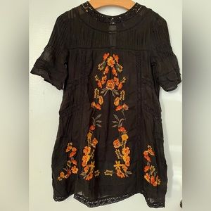 Free People Black Perfectly Victorian Floral Embroidered Mini Dress XS Boho